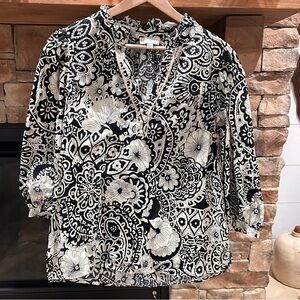 Umgee Floral Black and Cream Women's Blouse Top Size L